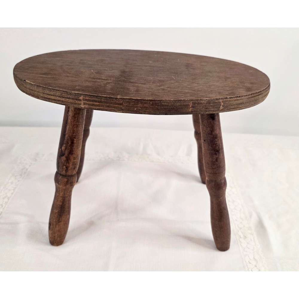 Vintage Wooden Stool Rustic Brown Oval Small Plant Stand Riser 8.5in Decor